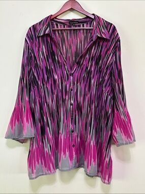 Fashion Bug Fuchsia Pink and Gray Abstract-Print Button Front Shirt